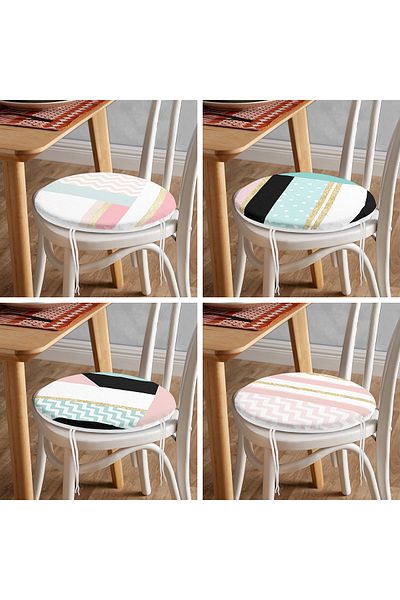 Realhomes Set of 4 Round Zippered Chair Cushions with Gold Detail on White Background