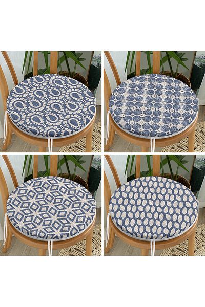 Realhomes 4-Piece Set of Digital Printed Round Zippered Chair Cushions with Geometric Shapes on Denim Floor
