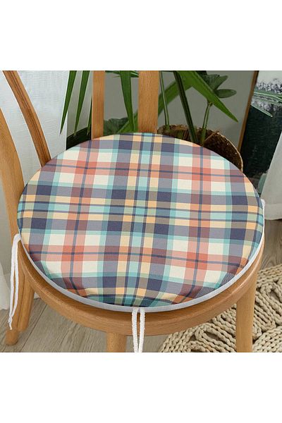 Realhomes Pastel Colored Plaid Patterned Digital Printed Round Zippered Chair Cushion on Colorful Floor
