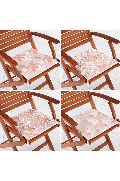 Realhomes 4-Piece Digital Printed Zippered Chair Cushion Set with Pink Leaf Drawing on White Background