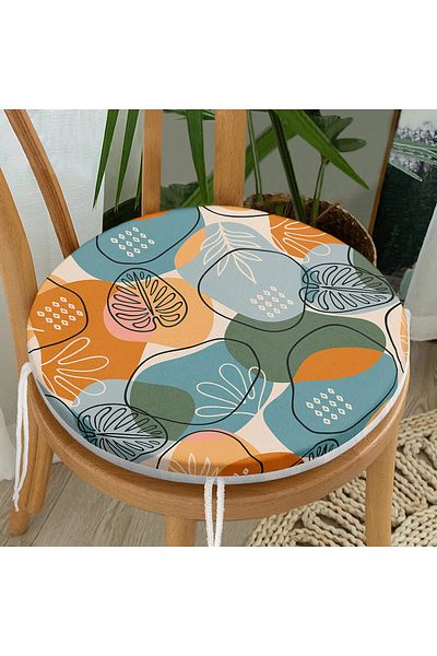 Realhomes Modern Round Zippered Chair Cushion with Onedraw Drawing Leaf Pattern on Colorful Background