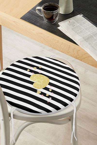 Realhomes Black Horizontal Striped Gold Detailed Heart Patterned Round Zippered Chair Cushion on White Background