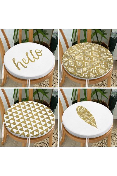 Realhomes Set of 4 Colorful Gold Detailed Geometric Patterned Round Zippered Chair Cushions on the Floor