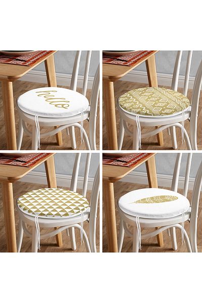 Realhomes Set of 4 Colorful Gold Detailed Geometric Patterned Round Zippered Chair Cushions on the Floor