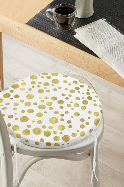 Realhomes Gold Colored Polka Dot Patterned Digital Printed Round Zippered Chair Cushion on White Background