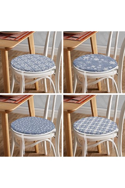 Realhomes Set of 4 Round Zippered Chair Cushions with Stars and Crystal Grains on Denim Floor