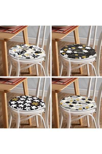 Realhomes 4-Piece Modern Round Zippered Chair Cushion Set with Gold Detailed Leaf Pattern on Colorful Floor