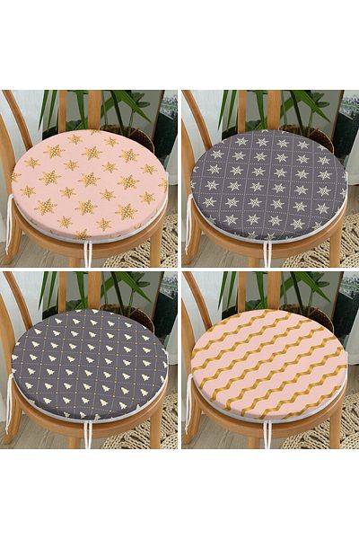 Realhomes Set of 4 Colorful Christmas Patterned Round Zippered Chair Cushions with Gold Detail on the Floor
