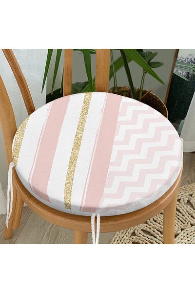 Realhomes Modern Round Zippered Chair Cushion with Gold Detailed Geometric Drawing on Colorful Background