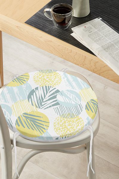 Realhomes Digital Printed Modern Round Zippered Chair Cushion with Soft Colored Leaf Motif on White Background