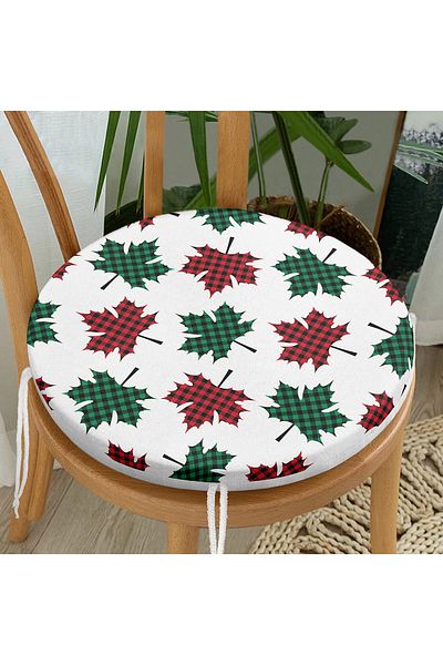 Realhomes Modern Round Zippered Chair Cushion with Autumn Leaf Pattern Plaid on White Background