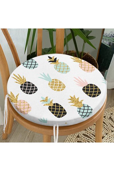 Realhomes Gold Detailed Pineapple Patterned Digital Printed Modern Round Zippered Chair Cushion on White Background