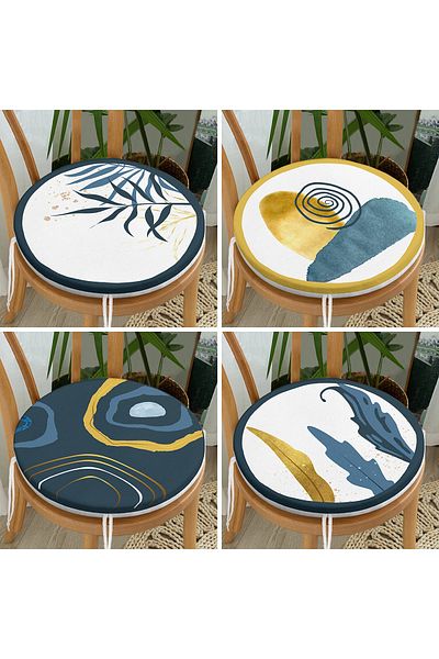 Realhomes 4-Piece Colorful Gold Detailed Leaf Patterned Modern Round Zippered Chair Cushion Set on the Floor