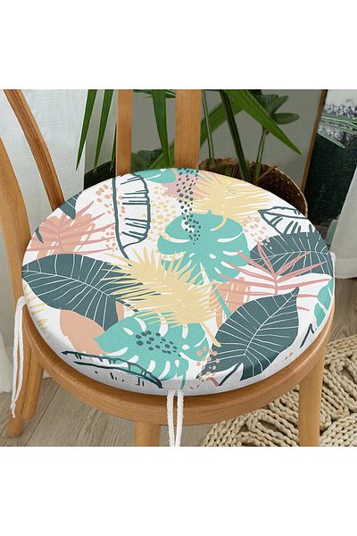 Realhomes Digital Printed Modern Round Zippered Chair Cushion with Colorful Leaf Pattern on White Background
