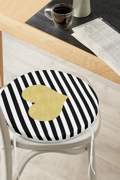 Realhomes Black Horizontal Striped Gold Detailed Heart Patterned Round Zippered Chair Cushion on White Background