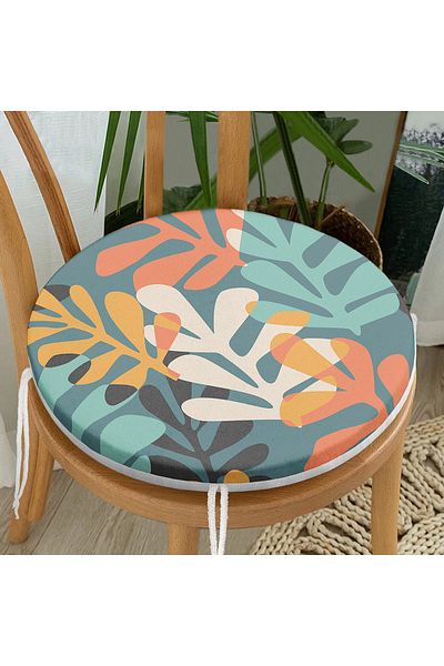 Realhomes Modern Round Zippered Chair Cushion with Onedraw Drawing Leaf Motif on Colorful Background