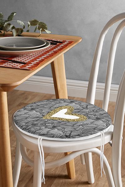 Realhomes Black Onedraw Drawing Gold Color Heart Patterned Digital Printed Round Zippered Chair Cushion