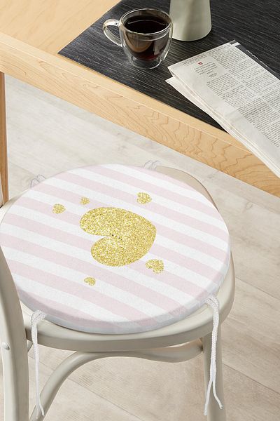 Realhomes Pink Horizontal Striped Gold Detailed Heart Patterned Round Zippered Chair Cushion on White Background