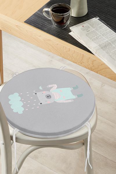 Realhomes Modern Round Zippered Chair Cushion with Umbrella and Teddy Bear Motif on Gray Floor