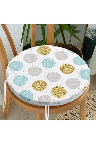 Realhomes Modern Round Zippered Chair Cushion with Gold Detail and Colorful Polka Dot Pattern on White Background
