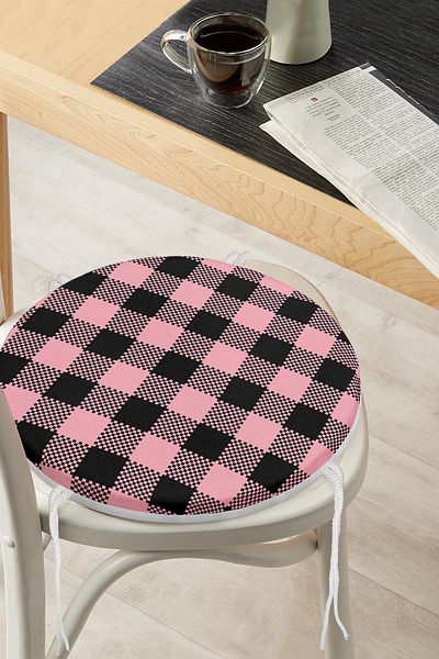 Realhomes Black Plaid Patterned Digital Printed Modern Round Zippered Chair Cushion on Colorful Pastel Floor