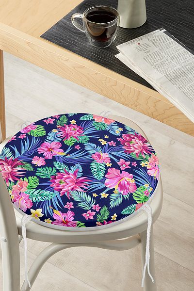 Realhomes Special Design Digital Printed Round Zippered Chair Cushion with Tropical Patterns on Black Background