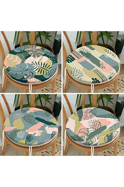 Realhomes 4'lü Renkli Zemin Üzerinde Onedraw Çizimli Yaprak Desenli Yuvarlak ...