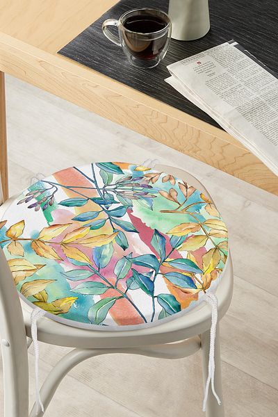 Realhomes Digital Printed Modern Round Zippered Chair Cushion with Colorful Leaf Pattern on White Background