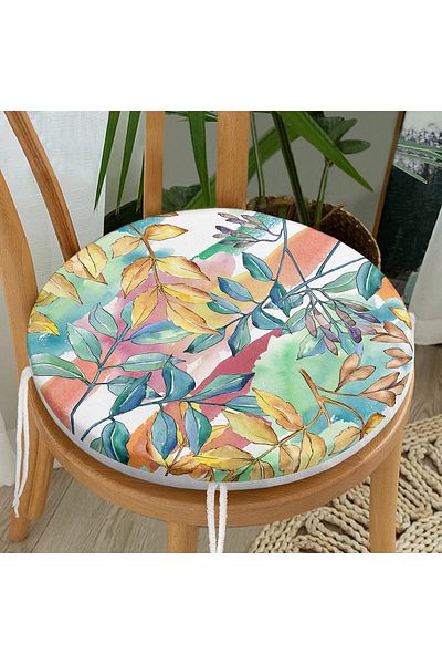 Realhomes Digital Printed Modern Round Zippered Chair Cushion with Colorful Leaf Pattern on White Background