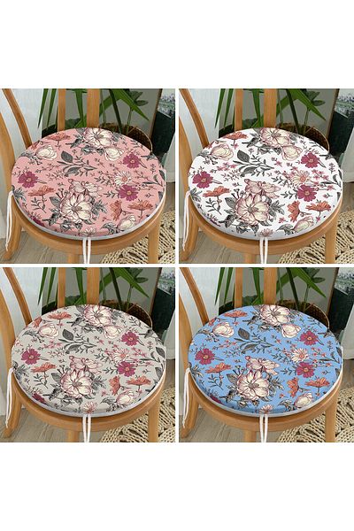 Realhomes Set of 4 Pastel Floor Dried Flower Drawing Digital Printed Round Zippered Chair Cushions