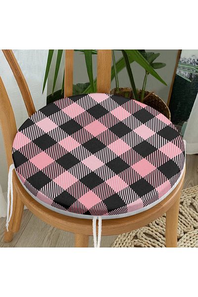 Realhomes Black Plaid Patterned Digital Printed Modern Round Zippered Chair Cushion on Colorful Pastel Floor