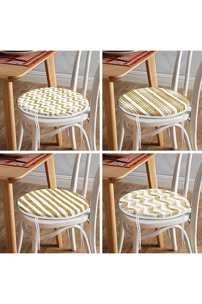Realhomes Set of 4 Round Zippered Chair Cushions with Gold Detail on White Background