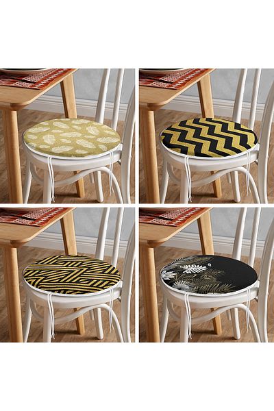Realhomes Set of 4 Colorful Gold Detailed Geometric Patterned Round Zippered Chair Cushions on the Floor