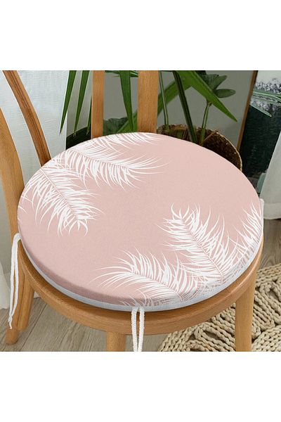 Realhomes Digital Printed Modern Round Zippered Chair Cushion with White Leaf Pattern on Pastel Floor