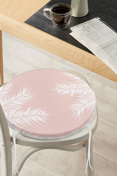 Realhomes Digital Printed Modern Round Zippered Chair Cushion with White Leaf Pattern on Pastel Floor