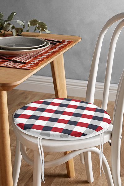 Realhomes Colorful Geometric Patterned Digital Printed Round Zippered Chair Cushion on White Background