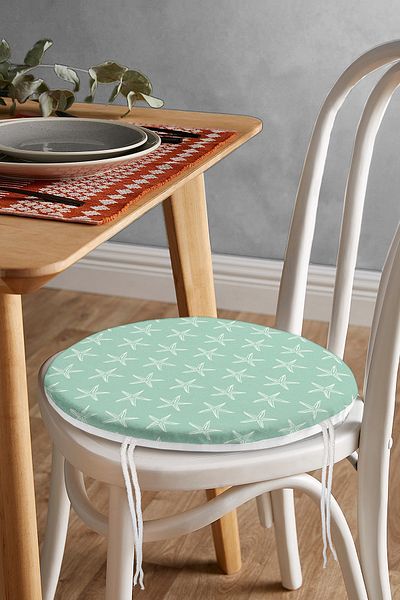 Realhomes Digital Printed Round Zippered Chair Cushion with Cream Starfish Design on Green Background