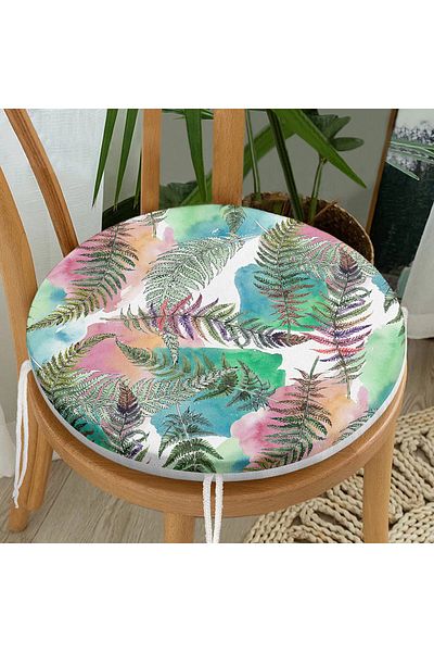 Realhomes White Floor Colored Abstract Drawing Leaf Pattern Digital Printed Round Zippered Chair Cushion