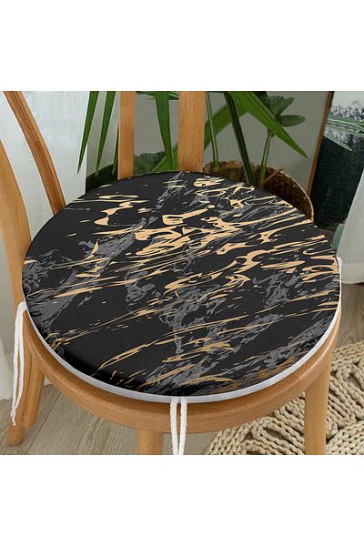 Realhomes Modern Round Zippered Chair Cushion with Gold Detailed Drawing Pattern on Gray Black Background