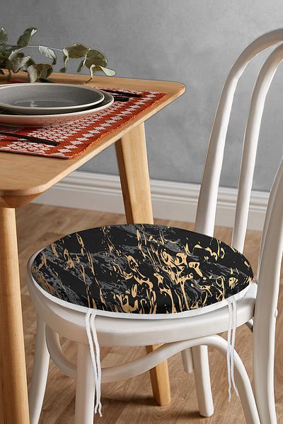 Realhomes Modern Round Zippered Chair Cushion with Gold Detailed Drawing Pattern on Gray Black Background