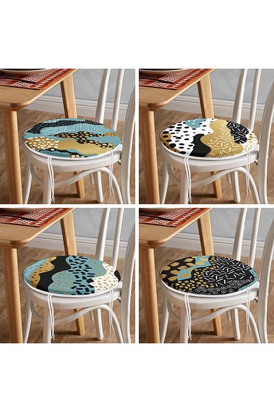 Realhomes 4-Piece Modern Round Zippered Chair Cushion Set with Gold Detailed Abstract Drawing on Colorful Floor