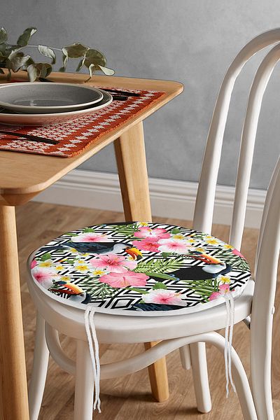 Realhomes Geometric Floor Round Zippered Chair Cushion with Tropical Toucan Bird and Plant Figures