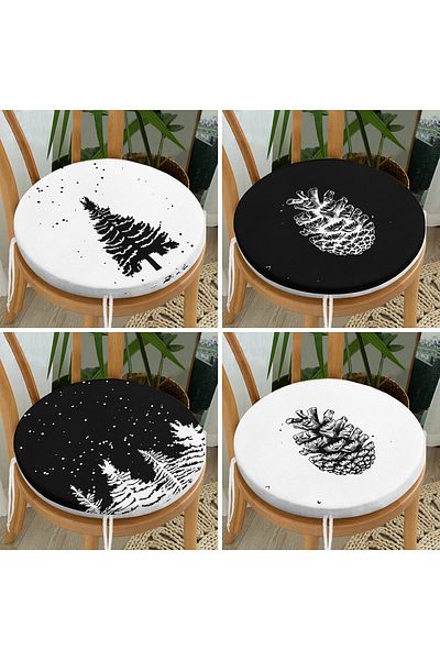 Realhomes 4-Piece Black White Pine Tree & Cone Designed Modern Round Zippered Chair Cushion Set