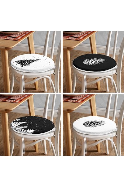 Realhomes 4-Piece Black White Pine Tree & Cone Designed Modern Round Zippered Chair Cushion Set