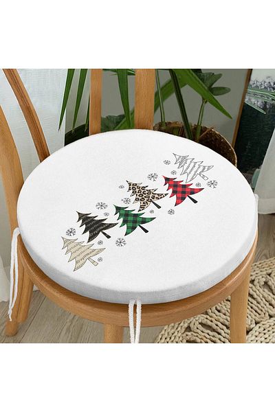 Realhomes Digital Printed Round Zippered Chair Cushion with Plaid Pine Tree Pattern on White Background
