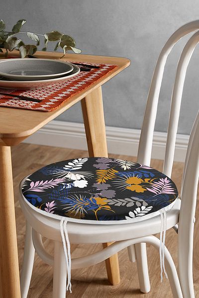 Realhomes Digital Printed Modern Round Zippered Chair Cushion with Colorful Leaf Pattern on Black Background