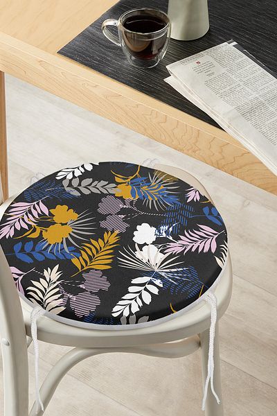 Realhomes Digital Printed Modern Round Zippered Chair Cushion with Colorful Leaf Pattern on Black Background