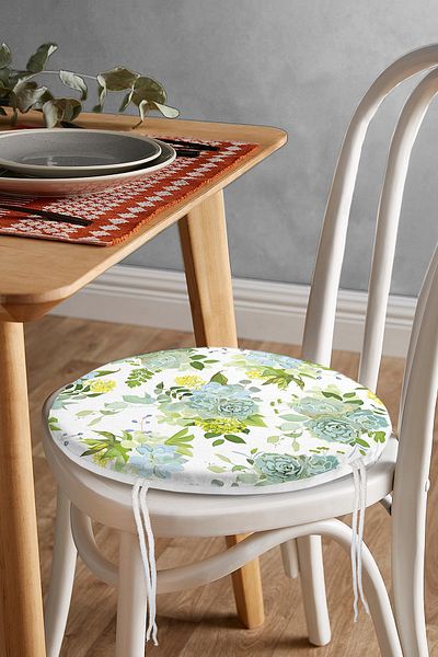 Realhomes Green Colored Flower Patterned Digital Printed Modern Round Zippered Chair Cushion on White Background