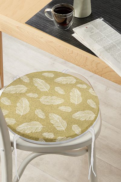 Realhomes White Colored Leaf Patterned Digital Printed Modern Round Zippered Chair Cushion on Gold Floor