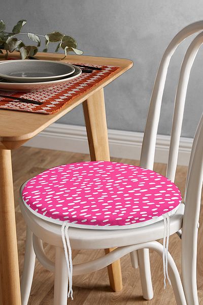 Realhomes Digital Printed Modern Round Zippered Chair Cushion with White Polka Dot Pattern on Pink Background